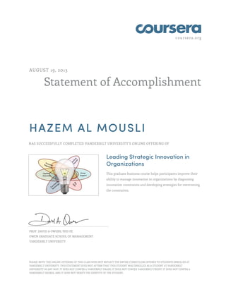 coursera.org
Statement of Accomplishment
AUGUST 19, 2013
HAZEM AL MOUSLI
HAS SUCCESSFULLY COMPLETED VANDERBILT UNIVERSITY'S ONLINE OFFERING OF
Leading Strategic Innovation in
Organizations
This graduate business course helps participants improve their
ability to manage innovation in organizations by diagnosing
innovation constraints and developing strategies for overcoming
the constraints.
PROF. DAVID A OWENS, PHD PE
OWEN GRADUATE SCHOOL OF MANAGEMENT
VANDERBILT UNIVERSITY
PLEASE NOTE: THE ONLINE OFFERING OF THIS CLASS DOES NOT REFLECT THE ENTIRE CURRICULUM OFFERED TO STUDENTS ENROLLED AT
VANDERBILT UNIVERSITY. THIS STATEMENT DOES NOT AFFIRM THAT THIS STUDENT WAS ENROLLED AS A STUDENT AT VANDERBILT
UNIVERSITY IN ANY WAY. IT DOES NOT CONFER A VANDERBILT GRADE; IT DOES NOT CONFER VANDERBILT CREDIT; IT DOES NOT CONFER A
VANDERBILT DEGREE; AND IT DOES NOT VERIFY THE IDENTITY OF THE STUDENT.
 