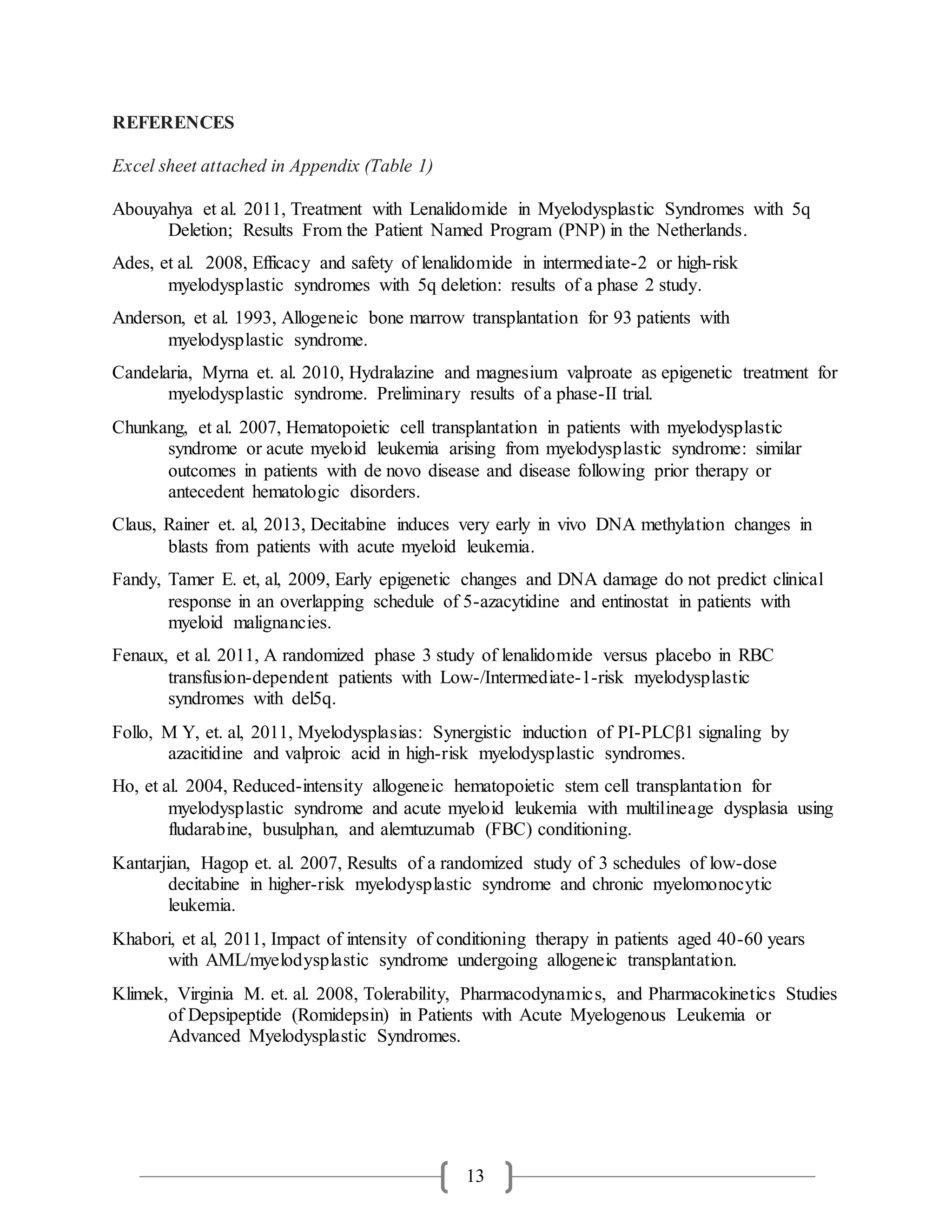 13
REFERENCES
Excel sheet attached in Appendix (Table 1)
Abouyahya et al. 2011, Treatment with Lenalidomide in Myelodysplastic Syndromes with 5q
Deletion; Results From the Patient Named Program (PNP) in the Netherlands.
Ades, et al. 2008, Efficacy and safety of lenalidomide in intermediate-2 or high-risk
myelodysplastic syndromes with 5q deletion: results of a phase 2 study.
Anderson, et al. 1993, Allogeneic bone marrow transplantation for 93 patients with
myelodysplastic syndrome.
Candelaria, Myrna et. al. 2010, Hydralazine and magnesium valproate as epigenetic treatment for
myelodysplastic syndrome. Preliminary results of a phase-II trial.
Chunkang, et al. 2007, Hematopoietic cell transplantation in patients with myelodysplastic
syndrome or acute myeloid leukemia arising from myelodysplastic syndrome: similar
outcomes in patients with de novo disease and disease following prior therapy or
antecedent hematologic disorders.
Claus, Rainer et. al, 2013, Decitabine induces very early in vivo DNA methylation changes in
blasts from patients with acute myeloid leukemia.
Fandy, Tamer E. et, al, 2009, Early epigenetic changes and DNA damage do not predict clinical
response in an overlapping schedule of 5-azacytidine and entinostat in patients with
myeloid malignancies.
Fenaux, et al. 2011, A randomized phase 3 study of lenalidomide versus placebo in RBC
transfusion-dependent patients with Low-/Intermediate-1-risk myelodysplastic
syndromes with del5q.
Follo, M Y, et. al, 2011, Myelodysplasias: Synergistic induction of PI-PLCβ1 signaling by
azacitidine and valproic acid in high-risk myelodysplastic syndromes.
Ho, et al. 2004, Reduced-intensity allogeneic hematopoietic stem cell transplantation for
myelodysplastic syndrome and acute myeloid leukemia with multilineage dysplasia using
fludarabine, busulphan, and alemtuzumab (FBC) conditioning.
Kantarjian, Hagop et. al. 2007, Results of a randomized study of 3 schedules of low-dose
decitabine in higher-risk myelodysplastic syndrome and chronic myelomonocytic
leukemia.
Khabori, et al, 2011, Impact of intensity of conditioning therapy in patients aged 40-60 years
with AML/myelodysplastic syndrome undergoing allogeneic transplantation.
Klimek, Virginia M. et. al. 2008, Tolerability, Pharmacodynamics, and Pharmacokinetics Studies
of Depsipeptide (Romidepsin) in Patients with Acute Myelogenous Leukemia or
Advanced Myelodysplastic Syndromes.
 
