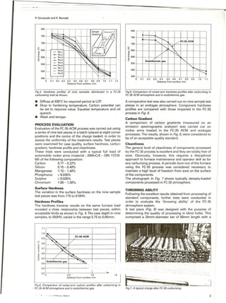 --
P.Ghorpade and K.Bennett
800
750
700
>
:I: 650ui
g:
-E600..
:I:
~ No.1
-- No.2
__ No.3
__ No.4
-No.5
-No.6
No.7
~ No.8
__ No.9
550
500
450
o 0.1 0.2 0.3 0.4 0.5 0.6 0.7 0.8 0.9 1.0 1.1 1.2
Distance from surface. mm
Fig.4. Hardness profiles of nine samples distributed in a FC-35
carburising load asshown.
. Diffuseat930°Cfor required period at LCP.
. Drop to hardeningtemperature.Carbonpotential can
be set to requiredvalue. Equalisetemperatureand oil
quench.
. Washandtemper.
PROCESS EVALUATION
Evaluation of the FC-35-ACMprocess was carried out using
a series of nine test pieces in a batch (placed at eight corner
positions and the centre of the charge basket) in order to
assess the uniformity of the treatment results. Test pieces
were examined for case quality, surface hardness, carbon
gradient, hardness profile and cleanliness.
These trials were conducted with a typical full load of
automobile rocker arms (material : 20MnCr5 - DIN 17210-
69) of the following composition:
Carbon 0.17 - 0.22%
Silicon 0.15 - 0.40%
Manganese 1.10-1.40%
Phosphorus < 0.035%
Sulphur < 0.035%
Chromium 1.00-1.30%.
Surface Hardness
The variation in the surface hardness on the nine sample
test piec;:eswas from 775 to 810HV.
Hardness Profiles
The hardness traverse results on the same furnace load
revealed a close relationship between test pieces, within
acceptable limits as shown in Fig. 4. The case depth in nine
samples, to 550HV,varied in the range 0.75 to 0.85mm.
.'
'"
0.5 1.0
Distance from surface. mm
---
-
800
750
700
>
: 650'".,c
'E600..
:I:
550
500
450
o 0.1 0.2 0.3 0.4 0.5 0.6 0.7 0.8 0.9
Distance from surface. mm
1.0 1.1
Fig.5. Comparison of rocker-arm hardness profiles after carburising in
FC-35 ACM atmosphere and in -endothermic gas.
A comparative test was also carried out on nine sample test
pieces in an endogas atmosphere. Component hardness
profiles are compared with those imparted in the FC-35
process in Fig.5.
Carbon Gradient
A comparison of carbon gradients (measured on, an
emission spectrographic analyser) was carried out on
rockerarms treated in the FC-35ACM and endogas
processes. The results, shown in Fig.6, were considered to
be of an acceptable quality standard.
Cleanliness
The general level of cleanliness of components processed
by the FC-35process is excellent and they are totally free of
soot. Obviously, however, this requires a disciplined
approach to furnace maintenance and operator skill as for
any carburising process. A periodic burn~outof the furnace
using the FC-35 process was considered necessary to
maintain a high level of freedom from soot on the surface
of the components.
The photograph in Fig. 7 shows typically densely-loaded
components processed in FC-35atmosphere.
THROWINGABILITY
Following the excellent results obtained from processing of
standard components, further tests were conducted in
order to evaluate the 'throwing ability' of the FC-35
atmosphere system.
A test piece (Fig. 8) was designed with the purpose of
determining the quality of processing in blind holes. This
comprised a 20mm-diameter bar of 60mm length with a
1.5
, .
Fig.6. Comparison of rocker-arm carbon profiles after carburising in
-FC-35ACM atmosphere and in endothermic gas. Fig.7.A typical charge after FC-35carburising.
3
1.1
1.0
0.9
0.8
C.,
C
0<.>
C 0.60
.<:I
:u 0.5u
0.4
0.3
0.20
 