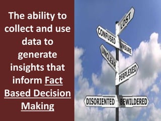 The ability to
collect and use
data to
generate
insights that
inform Fact
Based Decision
Making
 