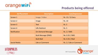 Ad Placement Description Cost/Impression
Screen 1 Image / Video Rs. 15 / 15 Secs.
Screen 2 Image Rs. 10
Screen 3 Text Rs. 5
Screen 4 URL Redirect Rs. 5
Notification On-Demand Message Rs. 2 / SMS
Bulk Message (DND) Re. 0.35 / SMS
Bulk Mail Re. 0.35 / Mail
Social Media Like or Comment Rs. 2 / Like or Comment
Wi-Fi secured by
Products being offered
 