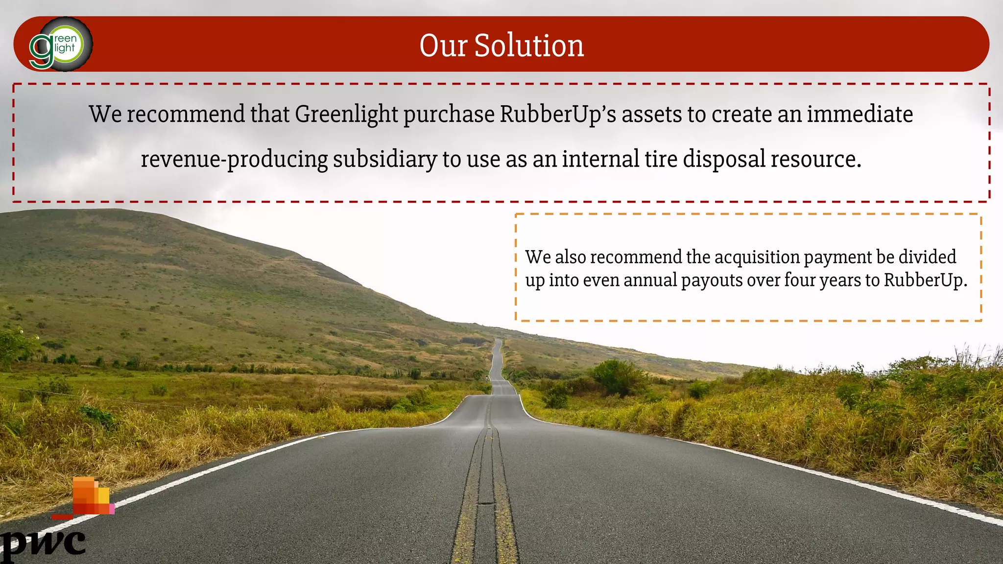 Our Solution
We recommend that Greenlight purchase RubberUp’s assets to create an immediate
revenue-producing subsidiary to use as an internal tire disposal resource.
We also recommend the acquisition payment be divided
up into even annual payouts over four years to RubberUp.
 