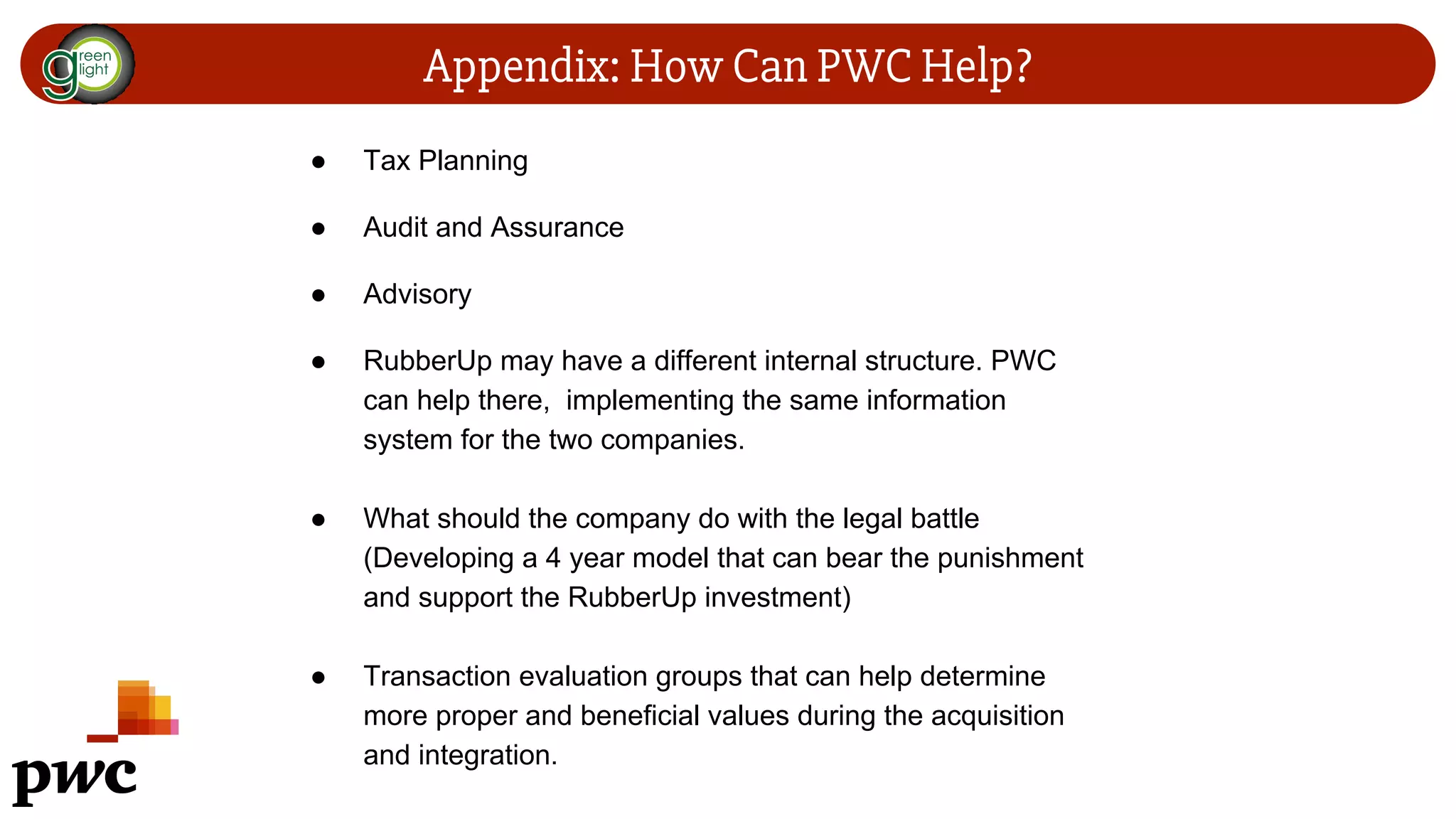 Appendix: How Can PWC Help?
● Tax Planning
● Audit and Assurance
● Advisory
● RubberUp may have a different internal structure. PWC
can help there, implementing the same information
system for the two companies.
● What should the company do with the legal battle
(Developing a 4 year model that can bear the punishment
and support the RubberUp investment)
● Transaction evaluation groups that can help determine
more proper and beneficial values during the acquisition
and integration.
 