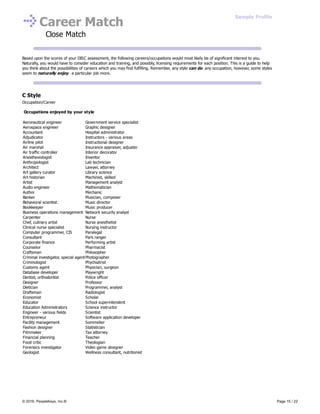 Career Match
Close Match
Based upon the scores of your DISC assessment, the following careers/occupations would most likely be of significant interest to you.
Naturally, you would have to consider education and training, and possibly, licensing requirements for each position. This is a guide to help
you think about the possibilities of careers which you may find fulfilling. Remember, any style can do any occupation, however, some styles
seem to naturally enjoy a particular job more.
C Style
Occupation/Career
Occupations enjoyed by your style
Aeronautical engineer
Aerospace engineer
Accountant
Adjudicator
Airline pilot
Air marshal
Air traffic controller
Anesthesiologist
Anthropologist
Architect
Art gallery curator
Art historian
Artist
Audio engineer
Author
Banker
Behavioral scientist
Bookkeeper
Business operations management
Carpenter
Chef, culinary artist
Clinical nurse specialist
Computer programmer, CIS
Consultant
Corporate finance
Counselor
Craftsman
Criminal investigator, special agent
Criminologist
Customs agent
Database developer
Dentist, orthodontist
Designer
Dietician
Draftsman
Economist
Educator
Education Administrators
Engineer - various fields
Entrepreneur
Facility management
Fashion designer
Filmmaker
Financial planning
Food critic
Forensics investigator
Geologist
Government service specialist
Graphic designer
Hospital administrator
Instructors - various areas
Instructional designer
Insurance appraiser, adjuster
Interior decorator
Inventor
Lab technician
Lawyer, attorney
Library science
Machinist, skilled
Management analyst
Mathematician
Mechanic
Musician, composer
Music director
Music producer
Network security analyst
Nurse
Nurse anesthetist
Nursing instructor
Paralegal
Park ranger
Performing artist
Pharmacist
Philosopher
Photographer
Phychiatrist
Physician, surgeon
Playwright
Police officer
Professor
Programmer, analyst
Radiologist
Scholar
School superintendent
Science instructor
Scientist
Software application developer
Sommelier
Statistician
Tax attorney
Teacher
Theologian
Video game designer
Wellness consultant, nutritionist
Sample Profile
© 2016, PeopleKeys, Inc.® Page 15 / 22
 