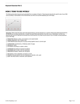Keyword Exercise Part 2
HOW I TEND TO SEE MYSELF
The following descriptive keywords were generated from an analysis of Graph 3. These keywords describe the specific value of your DISC
scores providing a representation of the characteristics you tend to see yourself displaying (your self-image).
Instructions: Please check the boxes next to the keywords that you perceive describe you in general. Please leave blank keywords that do
not describe your everyday characteristics. Consider the impact these characteristics may have on your relationships. Are there any
keywords that come up in both part one and part two of this exercise? If so, these may be areas for you to consider as being significant
to your self-image.
PREDICTABLE Behavior, actions, and reactions can be easily foretold
SERENE Undisturbed; calm; tranquil; quiet
TEAM-PERSON Enjoys being part of a group working together toward a common goal
CONVENTIONAL Sanctioned by, or following custom of usage
DIPLOMATIC Tactful
SYSTEMATIC According to a system; orderly
CONVINCING Persuading by argument of evidence
DISCERNING Able to make or see fine distinctions
OBSERVING Perceptive; watches over and guards
MILD Gentle or kind in disposition; not severe or harsh
PEACEFUL Not quarrelsome; free from disturbance or disorder; calm, quiet
QUIET Not easily excited or disturbed; quiet disposition
© 2016, PeopleKeys, Inc.® Page 17 / 22
 
