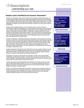 Description
understanding your style
Sample's style is identified by the keyword "Peacemaker".
Sample, as a Peacemaker style, is kind in nature and is very detail oriented. Peacemakers are
caring about the people around them and possess the qualities that make them very meticulous
at task completion. Sample likes to look around carefully before making any decisions and weigh
how it will affect people, at times being overly cautious. If Peacemakers feel someone is taking
advantage of a situation, they will slow down processes so that they can watch what is going on
around them.
Sample is loyal to supported leaders, and is an excellent person to have on the team.
Peacemakers carefully and consistently work through situations. They tend to show anxiety when
put in a situation where they feel obligated to make decisions that may negatively affect others.
Sample wants stability and exhibits stability in relationships, needing a protected and secure
environment. Peacemakers enjoy people, but prefer a few close friends to many acquaintances.
They like small groups rather than crowds. They are overly sensitive and don't handle criticism
well. They need to develop confidence and be more independent. Sample is very concerned
about what people think and avoids conflict.
Precision is imperative in everything Sample does. Peacemakers can be counted on to carry out
any tasks correctly. They want exact facts and figures before they will make a decision; they feel
uneasy when forced to make a quick decision. They often keep feelings to themselves. Others
may not be aware of their strong beliefs. Peacemakers do not blow up easily, but after a point
they will make their feelings known to everyone. Sample wants a stable home and work
environments that promote security. The more stable and non confrontational the environment,
the happier a Peacemaker will be.
Sample would prefer things stay the same rather than to risk a new venture (unless it is proven
and true). This person is typically peaceful and low key and is usually seen by associates as a
good friend and listener. Sample tends to adopt a "wait and see" attitude rather than taking
charge of a situation, usually preferring to let others take the lead.
A thoughtful, caring person who likes to be around others, Sample is one who appreciates
relationships and enjoys being involved in social functions, but does not usually care to be the
center of attention. Sample seeks balance between personal and social time, and enjoys a quiet
evening with a few close friends as a good mix of the two.
Sample values close, personal relationships and will often put the needs and desires of those
who are loyal friends ahead of his/her own. This is an even-paced individual who thrives in a
peaceful, harmonious environment. Sample will work to avoid conflict and sudden changes in
lifestyle and finds joy in keeping tradition.
Sample is a fact finder and does things "by the book". This person can be sensitive if others are
being critical of their work, especially if they have not carefully reviewed all the data. Sample
clarifies expectations before undertaking new projects and works hard to meet standards.
Sample will typically maintain a neat and orderly work environment.
Careful, thinking things
through
Possessive, sensitive
Slow to make changes,
predictable
Non confrontational,
internalizes feelings
General Characteristics
Recognition for loyalty and
dependability
Appreciation of their high
quality work
No sudden changes in
procedure or lifestyle
Activities to start and
follow through to the
finish
Motivated By
Practical procedures and
systems
Stability and predictability
Tasks that can be
completed at one time
A friendly, team
atmosphere
My Ideal Environment
Sample Profile
© 2016, PeopleKeys, Inc.® Page 5 / 22
 