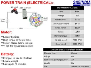 POWER TRAIN (ELECTRICAL):-
MOTOR SPECIFICATIONS
Type BLDC
Voltage 36V
Rated current 3.53A
Continuous Current 14.8A
Rated power 350W
Torque 1.2Nm
Starting Torque 3.6Nm
No load speed 4500 RPM
Rated speed 3000 RPM
Longer lifetime
High torque to weight ratio
Motor placed below the seat
V belt for power transmission
LITHIUM ION BATTERY SPECIFICATIONS
Charging time 5 hours
Voltage 36V
Continuous discharge current 15A
Weight 3 Kg
Size 245.00x110.00x75mm
Compact in size & Shielded
Less in weight
Lasts up to 30 minutes
Motor:
Battery:
 