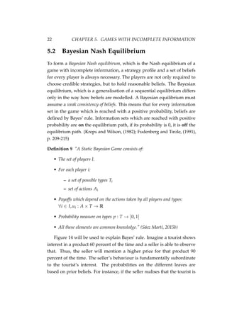 22 CHAPTER 5. GAMES WITH INCOMPLETE INFORMATION
5.2 Bayesian Nash Equilibrium
To form a Bayesian Nash equilibirum, which i...