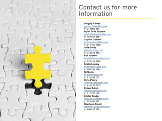 Gregory Carver
gregory.carver@ey.com
+1 214 969 8377
Bryan De la Bruyere
bryan.delabruyere@ey.com
+1 404 817 4384
Clayton Gammill
clayton.gammill@ey.com
+1 214 756 1350
Julie Gilroy
julie.gilroy@ey.com
+1 312 879 3413
Ken Hausser
kenneth.hausser@ey.com
+1 732 516 4558
Kristie Lowery
kristie.lowery@ey.com
+1 704 331 1884
Ali Master
ali.master@ey.com
+1 214 756 1031
Chris Peters
christina.peters@ey.com
+1 614 232 7112
Debera Salam
debera.salam@ey.com
+1 713 750 1591
Debbie Spyker
deborah.spyker@ey.com
+1 720 931 4321
Stephanie Swann
stephanie.swann@ey.com
+1 404 817 5591
Contact us for more
information
 