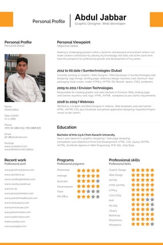 Abdul Jabbar
Graphic Designer, Web developer
Personal Profile
Personal Viewpoint
Objective Detail
Seeking a challenging position within a dynamic and pleasant environment where I can
make creative contribution by utilizing my knowledge and skills and at the same time
have the prospects for professional growth and development of my career..
Personal Profile
Personal Detail
2012 to till date I Sumtechnologies (Dubai)
Currently working as Graphic /Web Designer /Web Developer in Sumtechnologies,web
designing, logo Design, landing page, stationary design, business card, brochure, flyer,
packaging, book covers, mailer, HTML5, XHTML (Div Based), Jquery, CSS3, wordpress.
2009 to 2011 I Envision Technologies
Responsible for creating graphic and web solutions in Envision. Web, landing page,
web banner, business card, logo, HTML, XHTML, wordpress as per client’s requirements.
2008 to 2009 I Webnoxs
Worked as a Graphic and Web Designer in webnox. Web templates and web banner,
HTML, XHTML CSS, plus Facebook and iphone application designing. Hypertext Prepro-
cessor as per client’s
Education
Bachelor of Arts (13.A.) from Karachi University.
have 2 year diploma in graphics designing / web page designing.
Completed 1 year Diploma in Front End Development, HTML, CSS, Jquery, DHTML,
XHTML. Six Month diploma in Web Programing, PHP, SQL, Data Base.
Recent work
Professional work
Programs
Professional programs
Professional skills
Professional Skills
Name:
Abdul jabbar
Date of Birth:
10-3-1989
Phone:
+971-55-1865 412 / 055 6869 825
Email:
jbf_89@hotmail.com
Portfolio
www.uicreation.com
www.behance.net/jabbar
Graphic Design	
Web Design	
XHTML	
HTML DHTML
HTML5	
CSS/CSS3	
PHP	
My SQL	
JQuery	
Bootstrap	
Responsive
Wordpress
Photoshop
Indesign
Illustrator
Dreamweaver
Flash
MS Office
www.jamshrsolutions.com
www.samatmc.ae
www.candlelightdubai.com
www.swankysweets.ae
www.lvc.ae
www.pinoyonlinebox.com
www.asterdmhealthcare.com
www.rootssalons.com
www.environuae.com
www.jobsemirates.com
www.seidormena.com
rebeccaselby.com
www.oasisppd.com
 