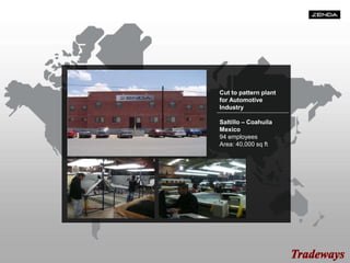 Cut to pattern plant
for Automotive
Industry
Saltillo – Coahuila
Mexico
94 employees
Area: 40,000 sq ft
 