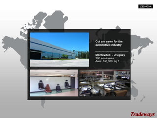 Cut and sewn for the
automotive Industry
Montevideo - Uruguay
300 employees
Area: 160,000 sq ft
 