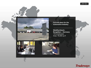 Cut and sewn for the
automotive Industry
Waldfischbach-
Burgalben – Germany
134 employees
Area: 78,000 sq ft
 