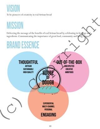 10
VISION
MISSION
To be pioneers of creativity in real Artisan bread
Delivering the message of the benefits of real Artisan bread by celebrating its heritage and
ingredients. Communicating the importance of great food, community and being unique.
Brandessence
(c)
Copyright
 
