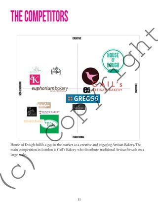 11
House of Dough fulfils a gap in the market as a creative and engagingArtisan Bakery.The
main competition in London is Gail’s Bakery who distribute traditional Artisan breads on a
large scale.
Thecompetitors
(c)
Copyright
 