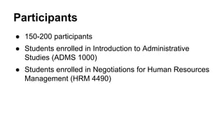 Participants
● 150-200 participants
● Students enrolled in Introduction to Administrative
Studies (ADMS 1000)
● Students enrolled in Negotiations for Human Resources
Management (HRM 4490)
 