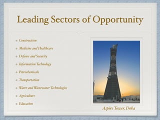 Leading Sectors of Opportunity
Construction
Medicine and Healthcare
Defense and Security
Information Technology
Petrochemicals
Transportation
Water and Wastewater Technologies
Agriculture
Education
Aspire Tower, Doha
 