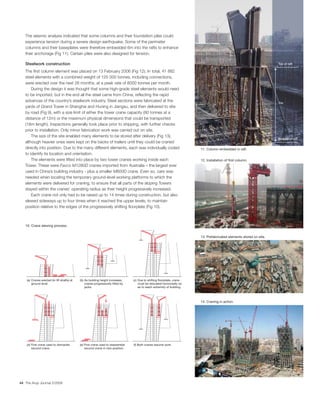 The seismic analysis indicated that some columns and their foundation piles could
   experience tension during a severe design earthquake. Some of the perimeter
   columns and their baseplates were therefore embedded 6m into the rafts to enhance
   their anchorage (Fig 11). Certain piles were also designed for tension.

   Steelwork construction                                                                                                                                               Top of raft

   The ﬁrst column element was placed on 13 February 2006 (Fig 12). In total, 41 882
   steel elements with a combined weight of 125 000 tonnes, including connections,
   were erected over the next 26 months, at a peak rate of 8000 tonnes per month.
       During the design it was thought that some high-grade steel elements would need
   to be imported, but in the end all the steel came from China, reﬂecting the rapid
   advances of the country’s steelwork industry. Steel sections were fabricated at the                                                                                  7m
   yards of Grand Tower in Shanghai and Huning in Jiangsu, and then delivered to site
   by road (Fig 9), with a size limit of either the tower crane capacity (80 tonnes at a
   distance of 12m) or the maximum physical dimensions that could be transported
   (18m length). Inspections generally took place prior to shipping, with further checks
   prior to installation. Only minor fabrication work was carried out on site.
       The size of the site enabled many elements to be stored after delivery (Fig 13),
                                                                                                                                                                        Bottom of raft
   although heavier ones were kept on the backs of trailers until they could be craned
   directly into position. Due to the many different elements, each was individually coded                                 11. Column embedded in raft.
   to identify its location and orientation.
       The elements were lifted into place by two tower cranes working inside each                                         12. Installation of ﬁrst column.
   Tower. These were Favco M1280D cranes imported from Australia – the largest ever
   used in China’s building industry - plus a smaller M600D crane. Even so, care was
   needed when locating the temporary ground-level working platforms to which the
   elements were delivered for craning, to ensure that all parts of the sloping Towers
   stayed within the cranes’ operating radius as their height progressively increased.
       Each crane not only had to be raised up to 14 times during construction, but also
   slewed sideways up to four times when it reached the upper levels, to maintain
   position relative to the edges of the progressively shifting ﬂoorplate (Fig 10).



   10. Crane slewing process.


                                                                                                                           13. Prefabricated elements stored on site.




    (a) Cranes erected (in lift shafts) at   (b) As building height increases,    (c) Due to shifting floorplate, crane
        ground level.                            cranes progressively lifted by       must be relocated horizontally so
                                                 jacks.                               as to reach extremity of building.




                                                                                                                           14. Craning in action.




    (d) First crane used to dismantle        (e) First crane used to reassemble   (f) Both cranes resume work.
        second crane.                            second crane in new position.




44 The Arup Journal 2/2008
 