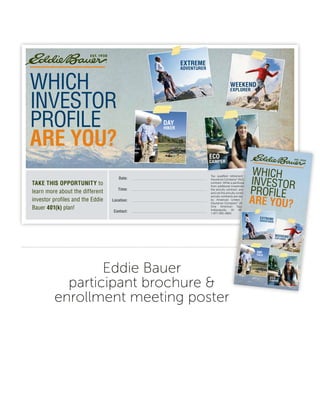 Eddie Bauer
participant brochure &
enrollment meeting poster
R-21851 09/22/09
Date:
Time:
Location:
Contact:
Tax qualified retirement plans from American United Life
Insurance Company®
(AUL) are funded by an AUL group annuity
contract. While a participant in an annuity contract may benefit
from additional investment and annuity related benefits under
the annuity contract, any tax deferral is provided by the plan
and not the annuity contract. • Non-Registered group variable
annuity contracts are issued
by American United Life
Insurance Company®
(AUL),
One American Square,
Indianapolis, IN 46282,
1-877-285-3863.
EXTREME
ADVENTURER
ECO
CAMPER
DAY
HIKER
WEEKEND
EXPLORERWHICH
INVESTOR
PROFILE
ARE YOU?
TAKE THIS OPPORTUNITY to
learn more about the different
investor profiles and the Eddie
Bauer 401(k) plan!
Which
investor
Profile
Are You?
extremeAdventurer
eCo
CAmPer
WeekendexPlorer
dAY
HIker
 