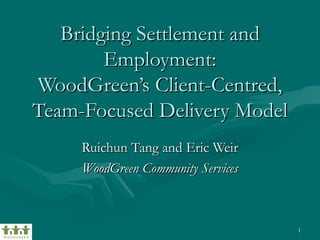 Bridging Settlement and
        Employment:
WoodGreen’s Client-Centred,
Team-Focused Delivery Model
     Ruichun Tang and Eric Weir
     WoodGreen Community Services



                                    1
 