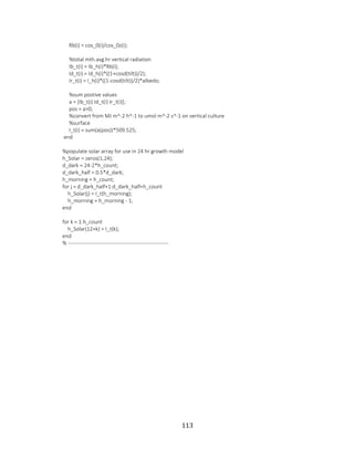 113
Rb(i) = cos_0(i)/cos_0z(i);
%total mth.avg.hr vertical radiation
Ib_t(i) = Ib_h(i)*Rb(i);
Id_t(i) = Id_h(i)*((1+cosd(tilt))/2);
Ir_t(i) = I_h(i)*((1-cosd(tilt))/2)*albedo;
%sum postive values
a = [Ib_t(i) Id_t(i) Ir_t(i)];
pos = a>0;
%convert from MJ m^-2 h^-1 to umol m^-2 s^-1 on vertical culture
%surface
I_t(i) = sum(a(pos))*509.525;
end
%populate solar array for use in 24 hr growth model
h_Solar = zeros(1,24);
d_dark = 24-2*h_count;
d_dark_half = 0.5*d_dark;
h_morning = h_count;
for j = d_dark_half+1:d_dark_half+h_count
h_Solar(j) = I_t(h_morning);
h_morning = h_morning - 1;
end
for k = 1:h_count
h_Solar(12+k) = I_t(k);
end
% ---------------------------------------------------------
 