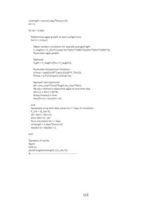 115
simlength = zeros(1,days*(hours+1));
dt = 1;
for dy = 1:days
%determine algae growth at each sunlight hour
for hr = 1:hours
%Beer-lambert correlation for spatially averaged light
h_Iavg(hr) = h_I(hr)*(1-exp(-Km*(X(hr)*1000)*d))/(Km*(X(hr)*1000)*d);
%calculate algae growth
%Monod
fLight = h_Iavg(hr)/(Ks + h_Iavg(hr));
%calculate temperature limitation
aTemp = exp((Ea/(R*Topt))-(Ea/(R*h_T(hr))));
fTemp = ((2*aTemp)/(1+aTemp^2));
%growth rate expression
dX = (mu_max*fTemp*fLight-mu_loss)*X(hr);
%Eulers method to determine algae at next time step
X(hr+1) = X(hr) + dX*dt;
%step forward in time
hour(hr+1) = hour(hr) + dt;
end
%populate array with daily values for t = days of simulation
X_sim = [X_sim X];
dX = X(hr) - X(hr+1);
X(1)= X(hr+1) - dX;
%run simulation for t = days
simlength = 1:days*(hours+1);
day(dy+1) = day(dy) + 1;
end
%analysis of results
figure
hold on
plot(0:length(simlength)-1,X_sim,'b')
% ---------------------------------------------------------
 