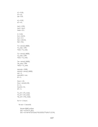 117
a1 = 0.05;
a2 = a1;
aw = 0.9;
e1 = 0.92;
e2 = e1;
tau1 = 0.95;
tau2 = tau1;
tauw = 0.1;
V = 5.43;
hc1 = 26.35;
hc2 = 5.7;
hk1 = 233.33;
hk2 = hk1;
T1 = zeros(1,3600);
T1_now = 294;
T1(1) = T1_now;
T2 = zeros(1,3600);
T2_now = 294;
T2(1) = T2_now;
Tw = zeros(1,3600);
Tw_now = 294;
Tw(1) = T1_now;
seconds = 3599;
second = zeros(1,3600);
sec = 1;
second(1) = sec;
dt = 1;
hours = 24;
hour = zeros(1,24);
hr = 1;
hour(1) = hr;
dh = 1;
T1_sim = [T1_now];
T2_sim = [T2_now];
Tw_sim = [Tw_now];
for hr = 1:hours
for sec = 1:seconds
%outer BIMP surface
Qs1 = a1*A1*h_I(hr);
Qr1 = e1*sb*A1*((T1(sec)^4)-(0.0552*To(hr)^1.5)^4);
 
