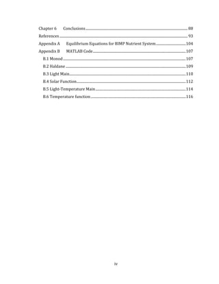 iv
Chapter 6 Conclusions................................................................................................................. 88
References.............................................................................................................................................. 93
Appendix A Equilibrium Equations for BIMP Nutrient System.................................104
Appendix B MATLAB Code.......................................................................................................107
B.1 Monod........................................................................................................................................107
B.2 Haldane .....................................................................................................................................109
B.3 Light Main.................................................................................................................................110
B.4 Solar Function.........................................................................................................................112
B.5 Light-Temperature Main....................................................................................................114
B.6 Temperature function .........................................................................................................116
 