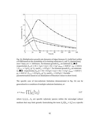 42
Fig. 3.6. Multiplicative growth rate dynamics of algae biomass 𝑋 𝑎 (solid line) within
a b-PBR based on the availability of co-limiting substrates 𝑆1 and 𝑆2 (dashed line)
over 7 days, or 𝑡 = 168 hours. For biomass growth 𝑋 𝑎,1 on substrate 𝑆1 (5,:
respectively), 𝑋 𝑎,1(𝑡 = 0) = 1 g L-1; 𝑆1(𝑡 = 0) = 3 g-1; 𝜇 𝑚𝑎𝑥 = 0.05 h-1; 𝜇 𝑑 = 0.01 h-
1; 𝑌𝑥/𝑠,1 = 1 g 𝑋 𝑎,1 g-1 𝑆1; and 𝐾𝑠,1 = 0.5 g L-1. For biomass growth 𝑋 𝑎,2 on substrate
𝑆2 (C,. respectively), 𝑋 𝑎,2(𝑡 = 0) = 0.5 g L-1; 𝑆2(𝑡 = 0) = 1.5 g-1; 𝜇 𝑚𝑎𝑥 = 0.05 h-1;
𝜇 𝑑 = 0.01 h-1; 𝑌𝑥/𝑠,2 = 0.5 g 𝑋 𝑎,2 g-1 𝑆2; and 𝐾𝑠,2 = 0.25 g L-1. Variable
parameterization based on an idealization of literature values to show trend.
The specific case of two-substrate limitation demonstrated in Fig. 3.6 can be
generalized to a condition of multiple substrate limitation, or:
𝜇 = 𝜇 𝑚𝑎𝑥 ∙ ∏ (
𝑆 𝑛
𝐾𝑠,𝑛 + 𝑆 𝑛
)
𝑛
1
3.17
where 𝑆1, 𝑆2, 𝑆3 … 𝑆 𝑛 are specific substrate species within the microalgal culture
medium that may limit growth. Generalizing the term 𝑆 𝑛 (𝐾𝑠,𝑛 + 𝑆 𝑛)⁄ as a specific
 