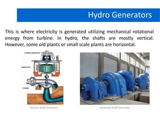 This is where electricity is generated utilizing mechanical rotational
energy from turbine. In hydro, the shafts are mostly vertical.
However, some old plants or small scale plants are horizontal.
Hydro Power PlantHydro Generators
Vertical Shaft Generator Horizontal Shaft Generator
 