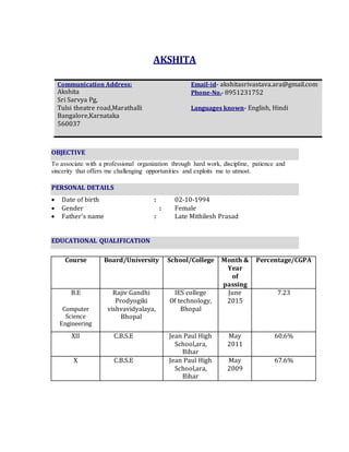 AKSHITA
OBJECTIVE
To associate with a professional organization through hard work, discipline, patience and
sincerity that offers me challenging opportunities and exploits me to utmost.
PERSONAL DETAILS
 Date of birth : 02-10-1994
 Gender : Female
 Father’s name : Late Mithilesh Prasad
EDUCATIONAL QUALIFICATION
Course Board/University School/College Month &
Year
of
passing
Percentage/CGPA
B.E
Computer
Science
Engineering
Rajiv Gandhi
Prodyogiki
vishvavidyalaya,
Bhopal
IES college
Of technology,
Bhopal
June
2015
7.23
XII C.B.S.E Jean Paul High
School,ara,
Bihar
May
2011
60.6%
X C.B.S.E Jean Paul High
School,ara,
Bihar
May
2009
67.6%
Communication Address:
Akshita
Sri Sarvya Pg,
Tulsi theatre road,Marathalli
Bangalore,Karnataka
560037
Email-id- akshitasrivastava.ara@gmail.com
Phone-No.- 8951231752
Languages known- English, Hindi
 
