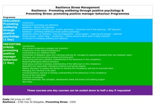 Resilience Stress Management
Resilience: Promoting wellbeing through positive psychology &
Preventing Stress: promoting positive manager behaviour Programmes
Programme
RESILIENCE:
Promoting
wellbeing
through
positive
psychology
(1 Day)
Introduction
Background psychology and definitions
Resilience – dealing with adversity
Pressurised situation profiling tool - solution generation – Prevention and If then planning – CBT Approach
Resilience – promoting wellbeing through positive psychology
Seligman's theory of wellbeing – flow and engagement – social support – meaning and purpose – gratitude
Phsical activity – better sleep – mindfulness – making decisions about what is really important
25 secrets for managing wellbeing and resilience
PREVENTING
STRESS:
promoting
positive
manager
behaviour
(1 Day)
Introductions
Why prevent stress/why managers are important
Introduction to the research/background
Understanding your feedback report
Introduction to feedback report and individual exercise for managers to explore/understand their own feedback report
Managing and communicating existing and future work
Small group exercise to develop understanding of the behaviours in this competency
Reasoning/Managing difficult situations
Small group exercise to develop understanding of the behaviours in this competency
Respectful and responsible: Managing emotions and having integrity
Plenary discussion to explore the barriers to showing this competency and how to overcome them
Managing the individual in the team
Individual/plenary exercise to develop understanding of the behaviours in this competency
Round-up and next steps
Summary of workshop
Individual exercises: Key strengths, development needs and actions and seeking support
Next steps
These courses one day courses can be scaled down to half a day if requested
Costs (All prices inc VAT)
Resilience - £700 max 20 delegates. Preventing Stress - £950
 