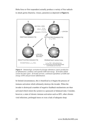 Delta force or first responders) actually produce a variety of free radicals
to attack germs (bacteria, viruses, parasites) as depicted in Figure 6.
Figure 6 - Immunologic activation by foreign substances causes production
of inflammatory cytokines and expends GSH and energy. If invaders killed,
system becomes quiet. If invader persists, continued expenditure of GSH and
energy (ATP) and persistent inflammation.
In limited circumstances, this is beneficial as it begins the process of
immune activation which ultimately destroys the invader. When the
invader is destroyed a number of negative feedback mechanisms are then
activated which return the system to a quiescent or balanced state. Consider,
however, a state of chronic immune activation such as HIV, other chronic
viral infections, prolonged stress or even a lack of adequate sleep.
21 www.RobKellerMD.com
 