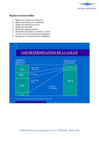 Big Data en el Sector Público
1. Mejoras en la eficacia y eficiencia
2. Mejor información a los ciudadanos
3. Ayuda a la toma de decisiones
4. Reducción del fraude
5. Reducción del gasto público
6. Herramienta de política económica y social
7. Acceso a nuevas herramientas tecnológicas
8. Impulso de la formación de los ciudadanos
OcSTEM Solutions. Jacint Berengueras. N.I.F: 45720210M. 25530, Vielha.
 