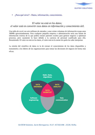 • ¿Para qué sirve? - Datos, información, conocimiento.
El valor no está en los datos;
el valor está en convertir esos datos en información y conocimiento útil.
Una tabla de excel con seis millones de entradas y unas veinte columnas de información ocupa unos
300Mb aproximadamente. Para cualquier pequeña empresa o administración sería una fuente de
información extensa de la que podría extraer patrones ocultos para generar negocio u optimizar
procesos, pero raramente lo hace debido a la carencia de personal cualificado para ello.
Resumiendo: El valor no está en los datos, el valor está en la mente de quién los sabe interpretar.
La misión del científico de datos es la de extraer el conocimiento de los datos disponibles y
transmitirlo a los líderes de las organizaciones para tomar las decisiones de negocio de forma más
eficaz.
OcSTEM Solutions. Jacint Berengueras. N.I.F: 45720210M. 25530, Vielha.
 
