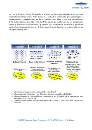 La ciencia de datos sólo es útil cuando se utilizan los datos para responder a una pregunta,
independientemente del tamaño de los datos o de la cantidad de herramientas que utilicemos para el
almacenamiento y procesado de dichos datos. Es en este punto dónde la ciencia de datos se separa
de lo tradicionalmente conocido como Big Data, puesto que queda fuera de sus competencias
diseñar y administrar la infraestructura y sistemas para la obtención, almacenaje y gestión de
grandes (o no tan grandes) volúmenes de datos, y para lo que a día de hoy se preparan básicamente
los expertos en Big Data.
1. ¿Cómo capturar, gestionar y explotar todos estos datos?
2. ¿Cómo asegurar estos datos y sus derivados, así como su validez y fiabilidad?
3. ¿Cómo disponer la compartición de estos datos y sus derivados en la organización para
obtener mejoras y beneficios?
4. ¿Cómo comunicar estos datos y sus derivados para facilitar la toma de decisión y posteriores
análisis?
OcSTEM Solutions. Jacint Berengueras. N.I.F: 45720210M. 25530, Vielha.
 
