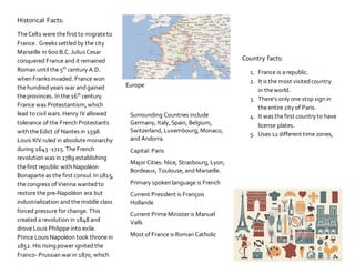 Surrounding Countries include
Germany, Italy, Spain, Belgium,
Switzerland, Luxembourg, Monaco,
and Andorra.
Capital: Paris
MajorCities: Nice, Strasbourg, Lyon,
Bordeaux, Toulouse, and Marseille.
Primary spoken language is French
Current President is François
Hollande
Current PrimeMinisteris Manuel
Valls
Most of France is Roman Catholic
Country facts:
1. France is arepublic.
2. It is the most visitedcountry
in theworld.
3. There’s only one stop sign in
theentire city of Paris.
4. It was thefirst country to have
license plates.
5. Uses 12 different time zones,
themost of any country.
Historical Facts:
TheCelts were thefirst to migrateto
France. Greeks settledby the city
Marseille in 600 B.C. Julius Cesar
conquered France and it remained
Roman until the5th
century A.D.
when Franks invaded. France won
thehundred years war andgained
theprovinces. In the 16th
century
France was Protestantism, which
lead to civil wars. Henry IV allowed
tolerance of the French Protestants
with theEdict of Nantes in 1598.
Louis XIV ruled in absolutemonarchy
during 1643 -1715. TheFrench
revolution was in 1789 establishing
thefirst republic with Napoléon
Bonaparte as the first consul. In 1815,
thecongress of Vienna wantedto
restore thepre-Napoléon era but
industrialization and themiddle class
forced pressure for change. This
created a revolution in 1848 and
drove Louis Philippe into exile.
Prince Louis Napoléon took thronein
1852. His rising power ignited the
Franco- Prussian warin 1870, which
led to his defeat and thethird
Europe
 