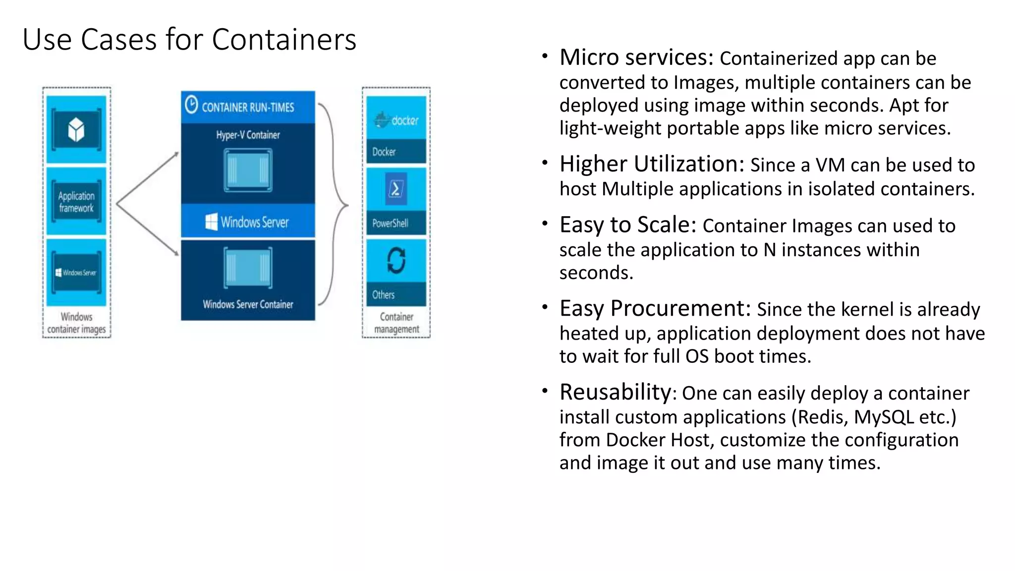 Use Cases for Containers  Micro services: Containerized app can be
converted to Images, multiple containers can be
deployed using image within seconds. Apt for
light-weight portable apps like micro services.
 Higher Utilization: Since a VM can be used to
host Multiple applications in isolated containers.
 Easy to Scale: Container Images can used to
scale the application to N instances within
seconds.
 Easy Procurement: Since the kernel is already
heated up, application deployment does not have
to wait for full OS boot times.
 Reusability: One can easily deploy a container
install custom applications (Redis, MySQL etc.)
from Docker Host, customize the configuration
and image it out and use many times.
 