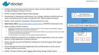 www.docker.com
• An Open Source framework built by Solomon Hykes and team @dotCloud to build,
manage and deploy containers on Linux.
• Written using Go (Google) Programming Language
• Standardized in collaboration with Amazon, Cisco, Google, VM Ware and Microsoft and
works consistently across all major Linux Brands. OCI – Open Container Initiative
• Docker is built using LXC, namespaces, CGroups features on Linux.
• Open Source, 2013: https://www.docker.com/contribute, 400 Million downloads so far.
• Steps to deploy a Docker container.
• Developers build application and package as Docker containers. These containers are published as images to
Docker Hub or Private Image repository or Host Machine.
• Containers are deployed on Linux Machine with Docker Engine Installed using any image repository. The images
in repositories are inherently discoverable.
• The Docker Engine on Host Machine can be invoked remotely via Docker CLI.
• Docker enabled Linux Machines are available on Azure Image Gallery. VS can be used to
perform 1-Click deployment to Docker machines.
• Docker also gels very well with Machine configuration tools like Puppet, Chef, Vagrant
and Ansible.
• Cluster Management Tools like Google Kubernetes and Mesosphere can be used to
manage containers across hosts.
• Docker 1.9 major milestone with Logging, Networking, Storage, Docker Swarm
C C C
Docker Engine
(Linux)
Docker Hub/Private Image Repository
C
Build Applications
Package using Docker CLI
Publish
Deploy
 