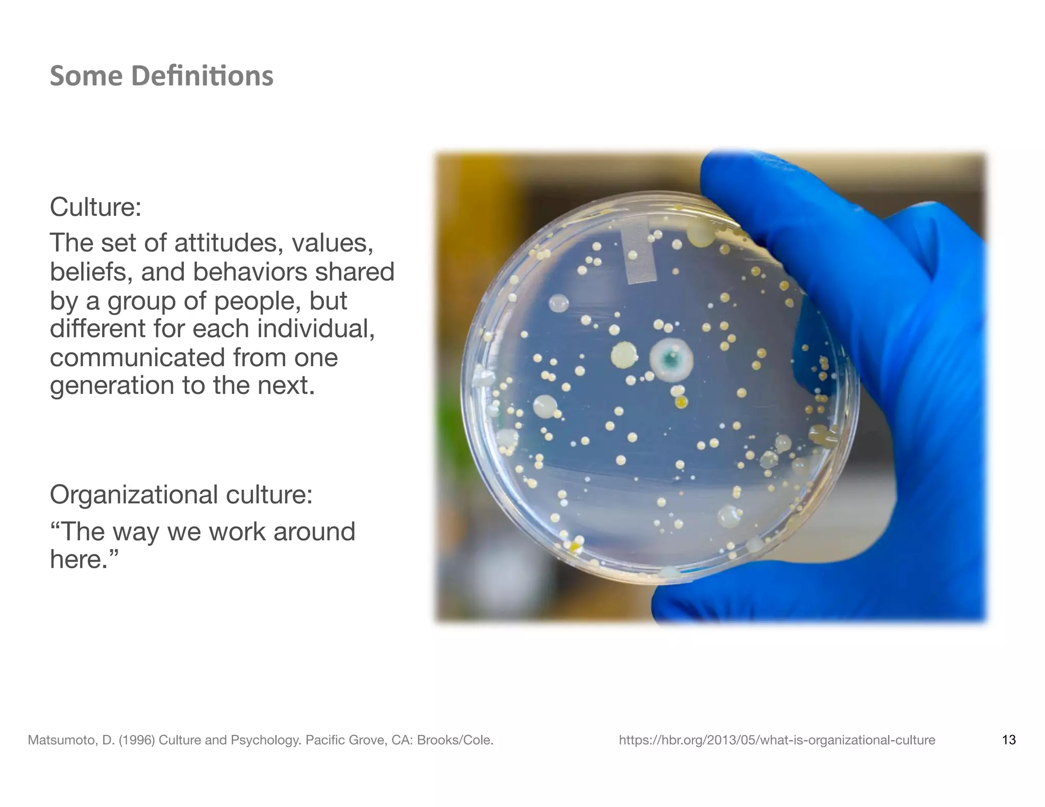 Some	
  Deﬁni8ons	
  



Culture:
The set of attitudes, values,
beliefs, and behaviors shared
by a group of people, but
diﬀerent for each individual,
communicated from one
generation to the next.


Organizational culture:
“The way we work around
here.” 

13Matsumoto, D. (1996) Culture and Psychology. Paciﬁc Grove, CA: Brooks/Cole.
 https://hbr.org/2013/05/what-is-organizational-culture
 