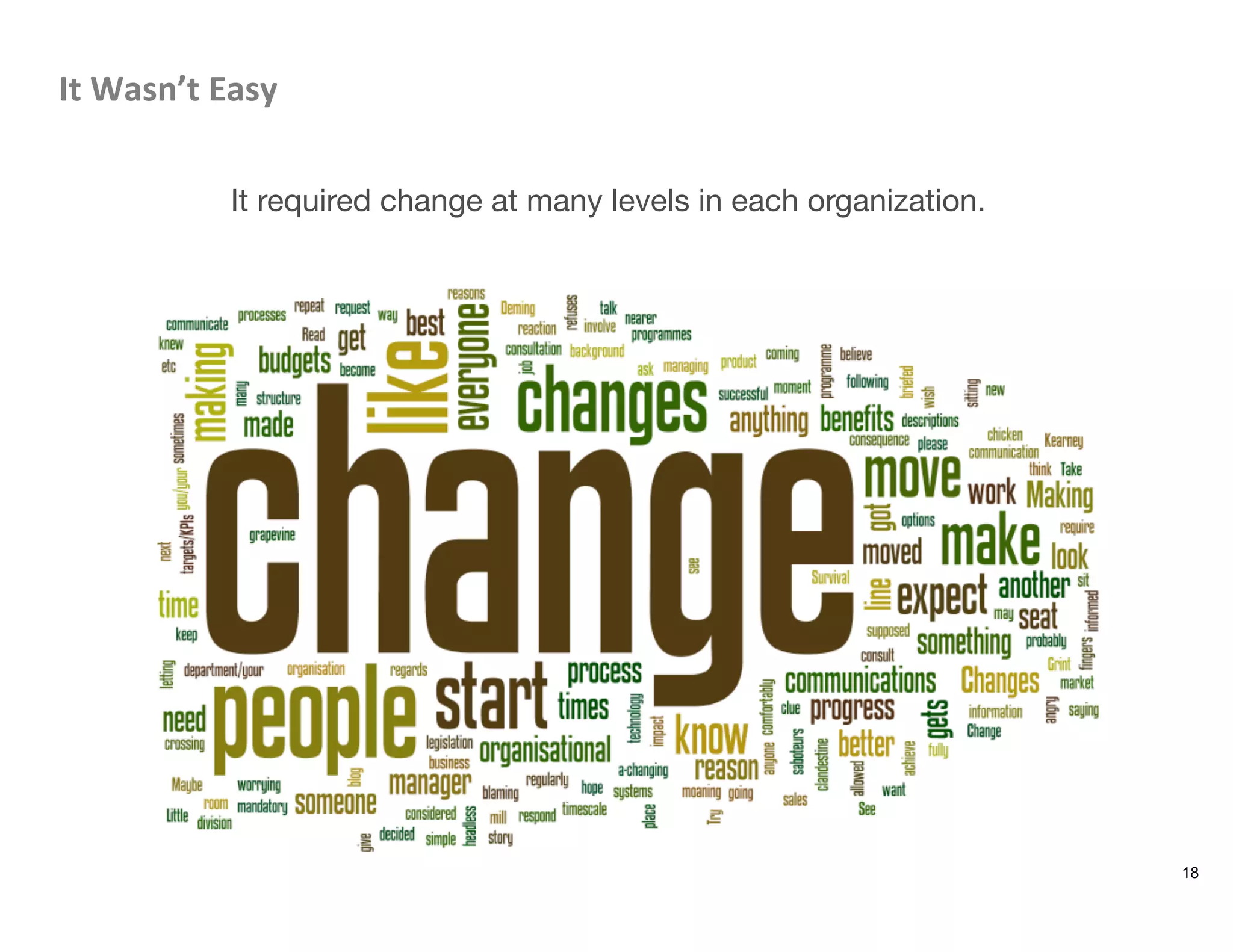 It	
  Wasn’t	
  Easy	
  

It required change at many levels in each organization.
18
 