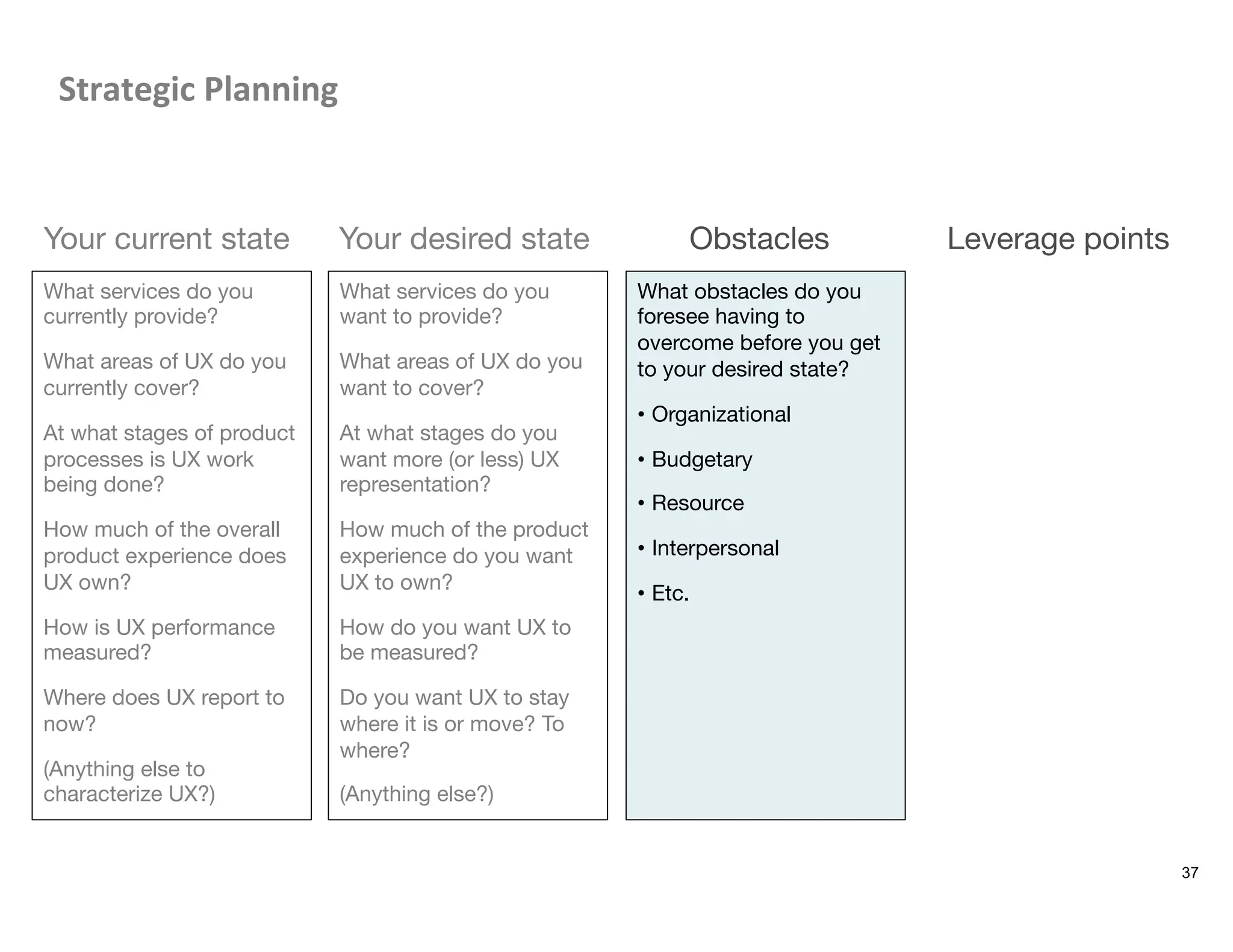 Strategic	
  Planning	
  
37
Your current state
What services do you
currently provide?
What areas of UX do you
currently cover?
At what stages of product
processes is UX work
being done? 
How much of the overall
product experience does
UX own? 
How is UX performance
measured?
Where does UX report to
now?
(Anything else to
characterize UX?)

Your desired state
 Obstacles
 Leverage points
What services do you
want to provide?
What areas of UX do you
want to cover?
At what stages do you
want more (or less) UX
representation? 
How much of the product
experience do you want
UX to own? 
How do you want UX to
be measured?
Do you want UX to stay
where it is or move? To
where?
(Anything else?)

What obstacles do you
foresee having to
overcome before you get
to your desired state?
•  Organizational
•  Budgetary
•  Resource
•  Interpersonal
•  Etc.

 