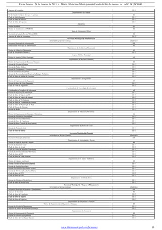 Rio de Janeiro , 24 de Janeiro de 2013 • Diário Oficial dos Municípios do Estado do Rio de Janeiro • ANO IV | Nº 0840
www.diariomunicipal.com.br/aemerj 19
Assessor de Licitações CC-3
Departamento de Compras
Dir do Dep de Compras, Serviços e Logística AS
Chefe do Set de Compras CC-1
Chefe do Setor de Serviços CC-1
Chefe do Setor de Logistica CC-1
PROCON
Diretor Presidente SS
Diretor de Atendimento do PROCON AS
Junta de Alistamento Militar
Secretário da Junta de Serviço Militar (JSM) AS
Assessor do Setor de Alistamento CC-3
Secretaria Municipal de Administração
DENOMINAÇÃO DO CARGO SÍMBOLO
Secretário Municipal de Administração SM
Subsecretário Municipal de Administração SS
Departamento de Zeladoria e Manutenção
Diretor de Zeladoria e Manutenção AS
Chefe da Zeladoria da Dinâmica CC-2
Arquivo Público Municipal
Diretor do Arquivo Público Municipal AS
Departamento de Recursos Humanos
Diretor do Departamento de Recursos Humanos AS
Gerente de Divisão de Pessoal CC-1
Gerente de Perícia Médica CC-1
Gerente de Treinamento e Desenvolvimento CC-1
Gerente Do Setor de Freqüência CC-1
Gerente de Acompanhamento Funcional e Estágio Probatório CC-1
Chefe do Setor de Análise de Processos CC-2
Departamento de Pagamentos
Diretor do Departamento de Pagamento AS
Gerente do Setor de Folha Pagamento CC-1
Chefe da Folha de Pagamento CC-3
Coordenadoria de Tecnologia da Informação
Coordenador de Tecnologia da Informação AS
Gerente de Segurança da Informação CC-1
Chefe do Setor de Suporte em TI CC-3
Chefe do Setor de Suporte de Intranet CC-3
Chefe do Setor de TI-Dinâmica CC-3
Chefe do Setor de Treinamento ao Usuário CC-3
Chefe do Setor de Manutenção de Rede CC-3
Chefe de Desenv de Sistemas CC-3
Gerente de Redes CC-1
Departamento de Material e Patrimônio
Diretor do Departamento de Materiais e Patrimônio AS
Gerente de Divisão de Almoxarifado CC-1
Gerente de Divisão de Patrimônio CC-1
Gerente do Setor de Expediente CC-1
Gerente do Setor Controle de Bens Imóveis CC-1
Departamento de Protocolo Geral
Gerente de Protocolo Geral CC-1
Chefe do Setor de Malote CC-2
Secretaria Municipal de Fazenda
DENOMINAÇÃO DO CARGO SÍMBOLO
Secretário Municipal de Fazenda SM
Departamento de Arrecadação e Receita
Diretor do Depto de Arrecad e Receita AS
Gerente da Inspetoria Geral CC-1
Chefe do Setor de Alvará CC-2
Chefe da Central de Atend ao Contribuinte CC-2
Gerente da Divisão de Rendas Mobiliarias CC-1
Chefe do Setor de ISS CC-2
Chefe do Setor de Taxas Diversas CC-3
Departamento de Cadastro Imobiliário
Diretor de Cadastro Imobiliario AS
Gerente Divisão de Inscrições Cadastrais CC-1
Gerente de Analise Imobiliaria CC-1
Gerente Fiscalização de Cadastro Técnico CC-1
Gerente de Divisão de Rendas Imobiliárias CC-1
Chefe do Setor de IPTU CC-2
Chefe do Setor de ITBI CC-2
Departamento de Dívida Ativa
Gerente da Divisão de Divida Ativa CC-1
Chefe do Setor da Dívida Ativa CC-2
Secretaria Municipal de Despesas e Planejamento
DENOMINAÇÃO DO CARGO SÍMBOLO
Secretário Municipal de Despesas e Planejamento SM
Assessor do Secretário AS
Chefe do Setor de Expediente CC-2
Chefe do Setor de Arquivo CC-2
Chefe do Setor de Logistica CC-3
Departamento de Orçamento e Finanças
Diretor do Departamentp de Orçamento e Finanças AS
Gerente da Divisão de Planejamento CC-1
Assessor do Diretor de Orçamento e Finanças CC-2
Departamento de Tesouraria
Diretor do Departamento de Tesouraria AS
Gerente da Divisão de Pagamentos CC-1
Chefe do Setor de Conciliação Bancária CC-2
 