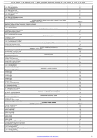 Rio de Janeiro , 24 de Janeiro de 2013 • Diário Oficial dos Municípios do Estado do Rio de Janeiro • ANO IV | Nº 0840
www.diariomunicipal.com.br/aemerj 22
Chefe Seção UBS Cosmorama CC-2
Chefe Seção UBS Edson Passos CC-2
Chefe Seção UBS Vila Norma CC-2
Chefe Seção UBS Santo Elias CC-2
Chefe Seção UBS Santa Terezinha CC-2
Chefe Seção UBS Parque Ludolf CC-2
Chefe Seção UBS BNH CC-2
Chefe Seção UBS Coréia CC-2
Chefe Seção UBS Nossa Senhora das Graças CC-2
Chefe Seção UBS Alto Uruguai CC-2
Secretaria Municipal de Trabalho, Desenvolvimento Econômico e Ordem Pública
DENOMINAÇÃO DO CARGO SÍMBOLO
Secretário Municipal de Trabalho, Desenvolvimento Econômico e Ord. Pública SM
Subsecretário Municipal de Trabalho, Desenvolvim. Econômico e Ord. Pública SS
Assessor do Secretário AS
Chefe do Setor de Patrimônio CC-3
Coordenadoria de Desenvolvimento Econômico
Coordenador de Desenvolvimento Econômico AS
Assessor Desenvolvimento Econômico CC-1
Gerente de Projetos Especiais CC-1
Chefe do Setor de Pessoas com deficiência CC-2
Coordenadoria de Trabalho
Coordenador de Trabalho AS
Gerente Administrativo CC-1
Chefe setor de Jovens e Primeiro Emprego CC-1
Chefe do Setor de Segurança do Trabalho CC-2
Coordenadoria de Ordem Pública
Diretor Divisão Fiscalização e Postura AS
Gerente de Fiscalização de Feiras Livres CC-1
Secretaria Municipal de Assistência Social
DENOMINAÇÃO DO CARGO SÍMBOLO
Secretário Municipal de Assistência Social SM
Secretário Adjunto de Assistência Social SM
Subsecretário Municipal de Assistência Social SS
Gabinete do Secretário
Diretor do Departamento Técnico AS
Assessor Financeiro CC-1
Gerente de Suporte Operacional CC-1
Gerente de Apoio Operacional de Programas Sociais CC-1
Gerente Divisão de Gestão do Trabalho CC-1
Gerente de Sistemas de informação GPS
Chefe do Setor de Expediente CC-2
Chefe do Setor de Patrimônio CC-2
Gerente dos Conselhos Municipais CC-1
Departamento de Proteção Social Básica
Dir Dep de Proteção Social Básica AS
Gerente de CRAS GPS
Gerente de CRAS GPS
Gerente de CRAS GPS
Gerente de CRAS GPS
Gerente de CRAS GPS
Gerente de CRAS GPS
Gerente de CRAS GPS
Gerente de CRAS GPS
Ger Prog p/ crianças e Adolescentes GPS
Gerente de Programas p/ Juventude GPS
Ger Programas p/ Pessoa Idosa GPS
Gerente de Qualificação Profissional GPS
Ger Programas de Inclusão Produtiva GPS
Ger Prog de Segurança Alimentar GPS
Departamento de Programas de Transferência de Renda
Dir Dep Prog Transferencia de Rendas AS
Chefe do Setor de Atendimento CC-2
Departamento de Proteção Social Especial
Dir Depto. de Prot Social Especial AS
Gerente do CREAS GPS
Gerente da Casa Abrigo p/ Crianças GPS
Gerente da Casa Abrigo p/ Adultos e Idosos GPS
Procuradoria Geral do Município
DENOMINAÇÃO DO CARGO SÍMBOLO
Procurador Geral do Município SM
Procurador Geral Adjunto SS
Procurador Geral Adjunto SS
Assessor do Procurador AS
Assessor do Procurador AS
Assessor do Procurador AS
Assessor do Procurador AS
Assessor Especial AS
Assessor Especial AS
Assessor Especial AS
Assessor Especial AS
Diretor de Tramitação de Processos e Documentos CC-1
Diretor de Tramitação de Processos e Documentos CC-1
Diretor de Tramitação de Processos e Documentos CC-1
Gerente do Setor de Coordenação CC-1
Chefe do Setor de Expediente CC-2
Chefe do Setor de Tramitação de Processos e Documentos CC-2
Chefe do Setor de Coordenação CC-2
Chefe do Setor de Serviços Jurídicos CC-3
 