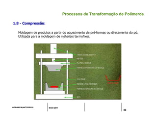 ADRIANO KANTOVISCKI MAIO 2011
26
Processos de Transformação de Polímeros
1.8 - Compressão:
Moldagem de produtos a partir do aquecimento de pré-formas ou diretamente do pó.
Utilizada para a moldagem de materiais termofixos.
 