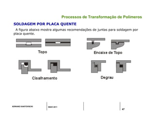 ADRIANO KANTOVISCKI MAIO 2011
47
Processos de Transformação de Polímeros
SOLDAGEM POR PLACA QUENTE
A figura abaixo mostra algumas recomendações de juntas para soldagem por
placa quente.
 