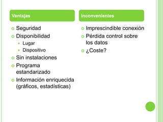  Seguridad
 Disponibilidad
 Lugar
 Dispositivo
 Sin instalaciones
 Programa
estandarizado
 Información enriquecida
(gráficos, estadísticas)
 Imprescindible conexión
 Pérdida control sobre
los datos
 ¿Coste?
Ventajas Inconvenientes
 