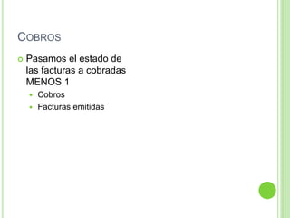 COBROS
 Pasamos el estado de
las facturas a cobradas
MENOS 1
 Cobros
 Facturas emitidas
 