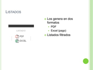 LISTADOS
 Los genera en dos
formatos
 PDF
 Excel (pago)
 Listados filtrados
 