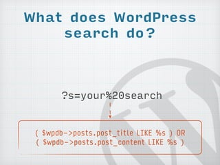 What does WordPress 
search do? 
?s=your%20search 
( $wpdb->posts.post_title LIKE %s ) OR 
( $wpdb->posts.post_content LIK...
